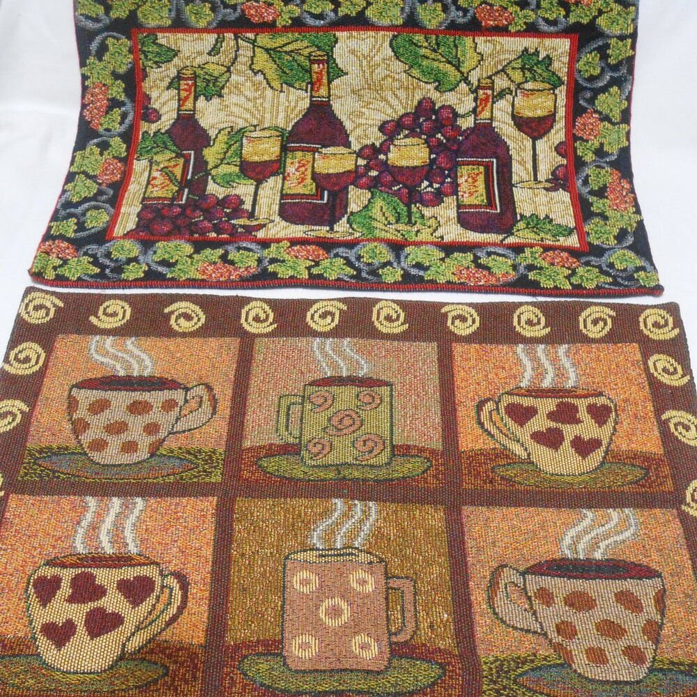 2 DECORATIVE TAPESTRY PLACEMATS FALL DESIGNS COFFEE CUPS & WINE GRAPES GLASSES